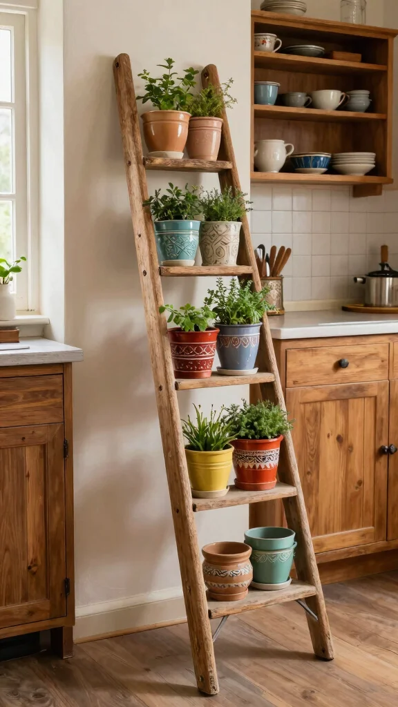12 Kitchen Hanging Pot Ideas for a Rustic Functional Overhead Display - 3. Vintage Ladder Display 1