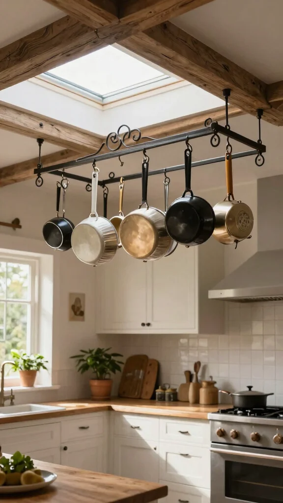 12 Kitchen Hanging Pot Ideas for a Rustic Functional Overhead Display - 4. Ceiling-Mounted Rack 1