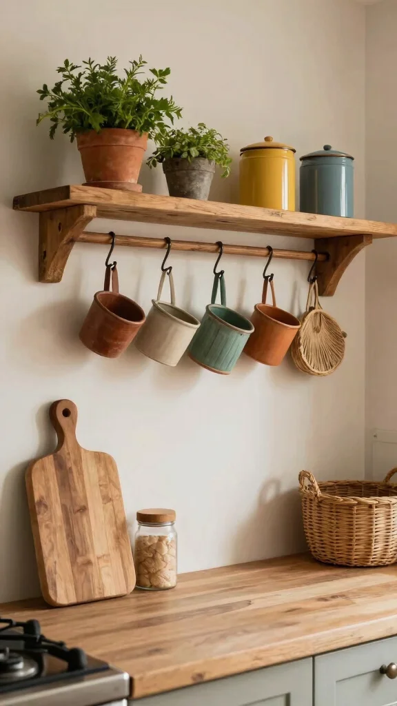 12 Kitchen Hanging Pot Ideas for a Rustic Functional Overhead Display - 5. Floating Shelf with Hooks 1
