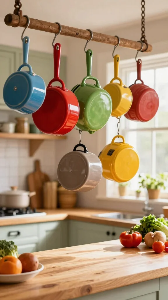 12 Kitchen Hanging Pot Ideas for a Rustic Functional Overhead Display - 6. Colorful Pot Collection 1