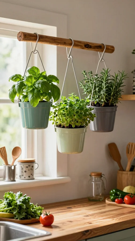12 Kitchen Hanging Pot Ideas for a Rustic Functional Overhead Display - 7. Herb and Pot Combo 1