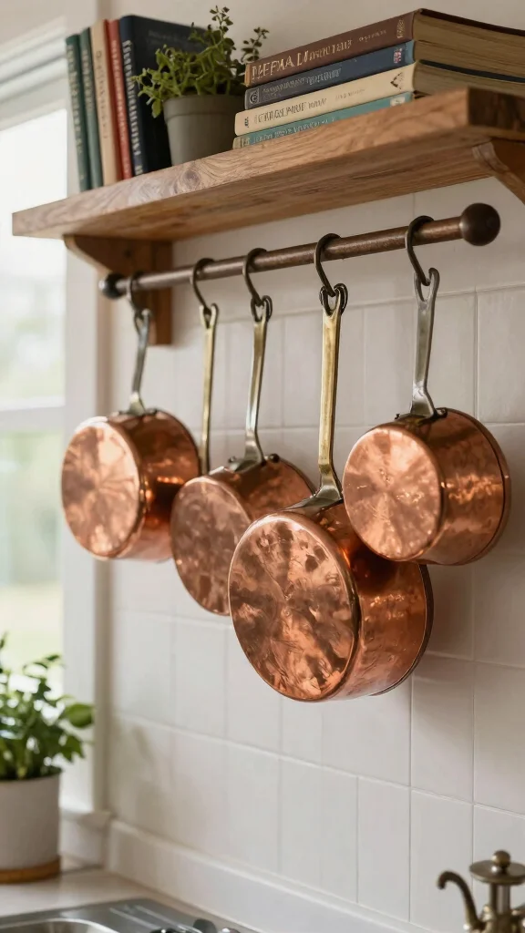 12 Kitchen Hanging Pot Ideas for a Rustic Functional Overhead Display - 8. Vintage Copper Pots 1