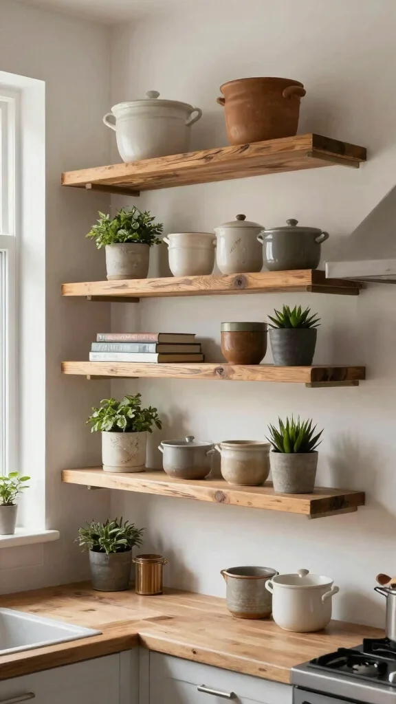 12 Kitchen Pot Storage Ideas for Small Spaces and Large Collections - 9. Floating Shelves for Decorative Storage 1