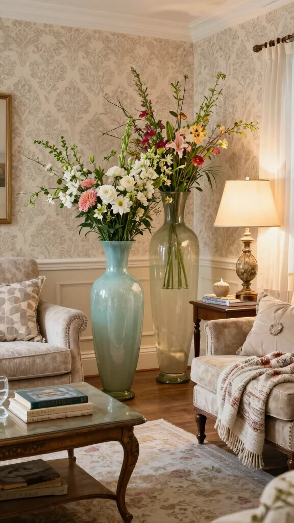 12 Large Vase Ideas for Floor Dining Table and Statement Displays - 2. Vintage Glass Floor Vases 1