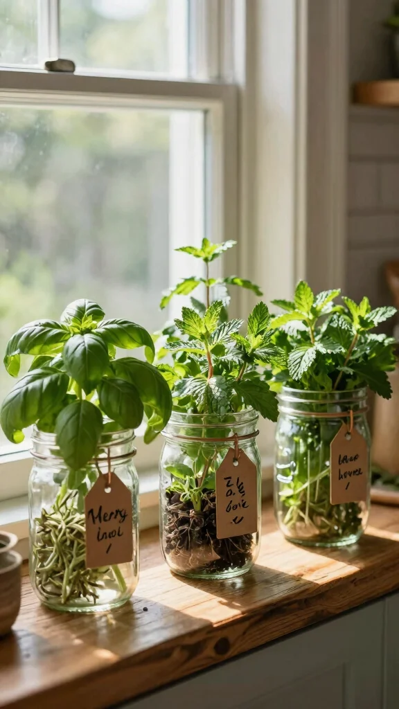 12 Mason Jar Vase Ideas for a Rustic Budget-Friendly Home Display - 10. Herb Gardens in Jars 1