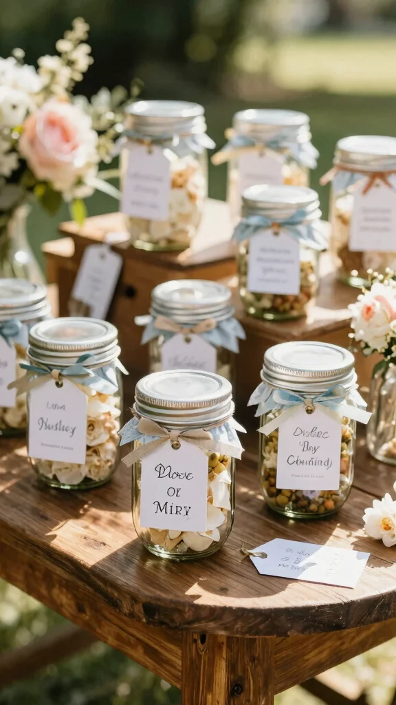 12 Mason Jar Vase Ideas for a Rustic Budget-Friendly Home Display - 12. Personalized Wedding Favors 1