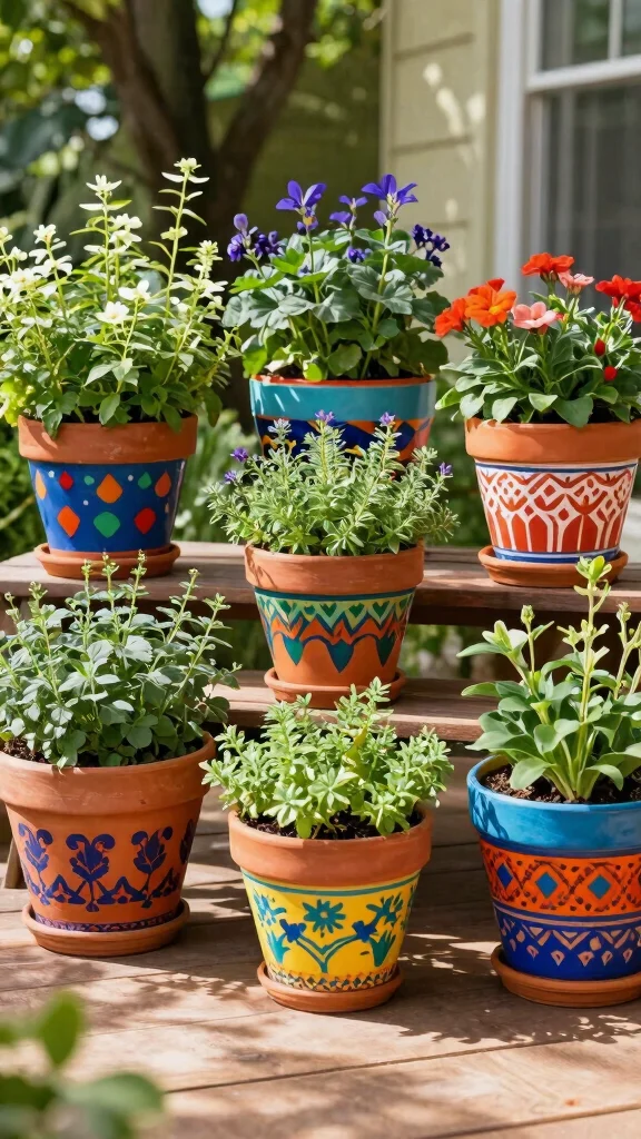 12 Patio Pot Ideas for a Lush Colorful Outdoor Living Space - 2. Colorful Terracotta Pots with Patterns 1
