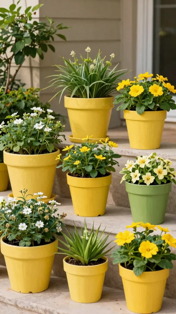 12 Patio Pot Ideas for a Lush Colorful Outdoor Living Space - 6. Color-Coded Themed Pots 1