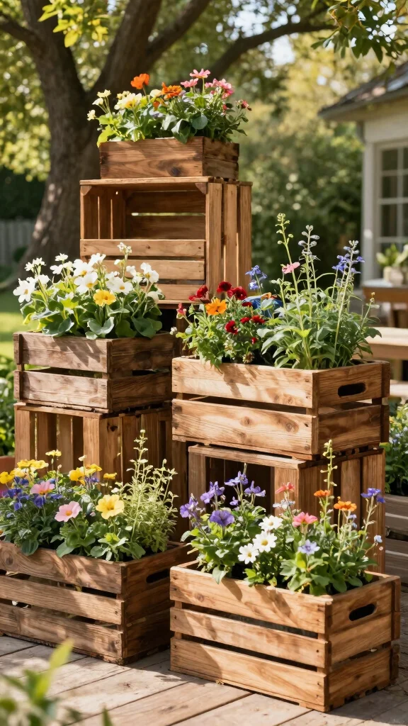 12 Patio Pot Ideas for a Lush Colorful Outdoor Living Space - 9. Rustic Wooden Crate Planters 1