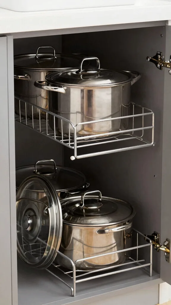 12 Pot Cabinet Organization Ideas for Deep Awkward and Corner Cabinets - 1. Tiered Pot Organizers for Easy Access 1