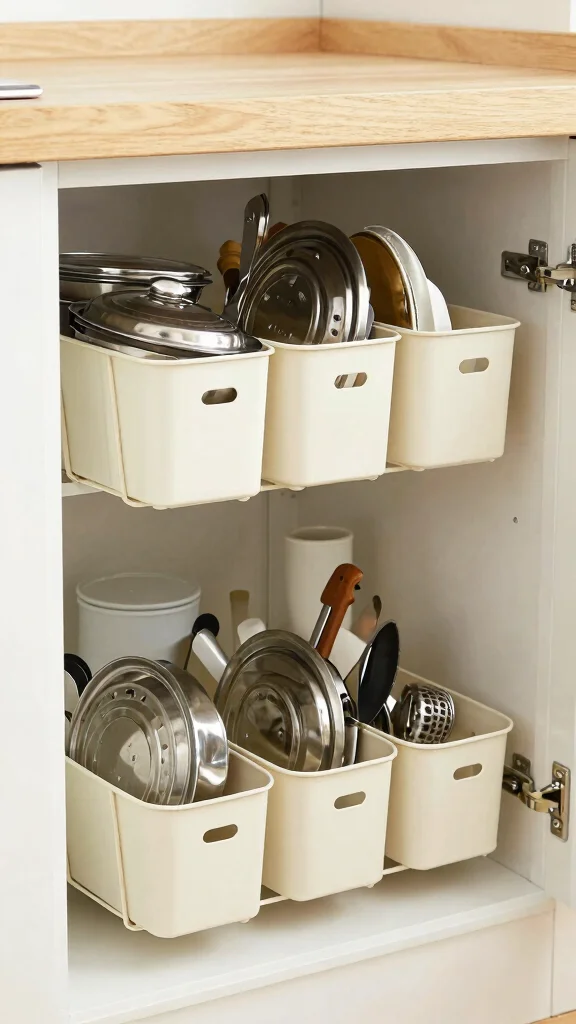 12 Pot Cabinet Organization Ideas for Deep Awkward and Corner Cabinets - 10. Utilize Under-Shelf Baskets 1