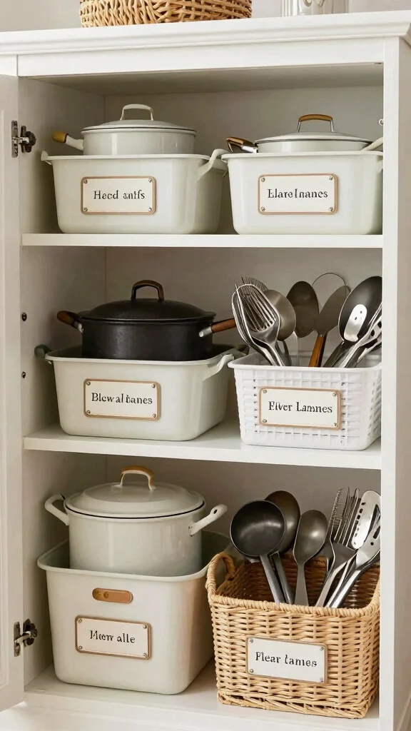 12 Pot Cabinet Organization Ideas for Deep Awkward and Corner Cabinets - 11. Label Everything for Quick Access 1