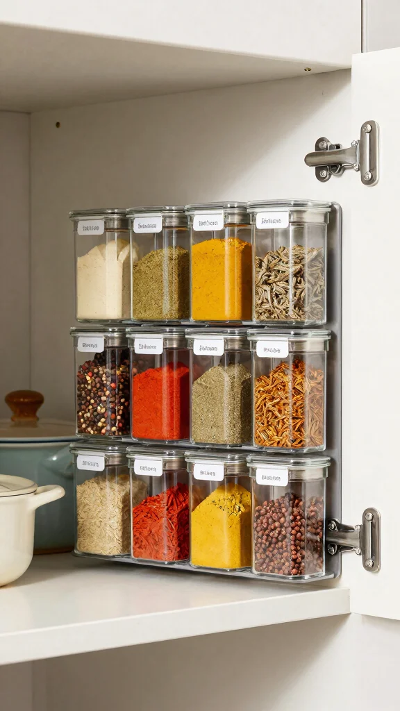 12 Pot Cabinet Organization Ideas for Deep Awkward and Corner Cabinets - 2. Magnetic Spice Racks on the Inside of Cabinet Doors 1
