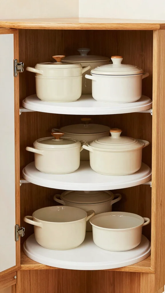 12 Pot Cabinet Organization Ideas for Deep Awkward and Corner Cabinets - 4. Corner Lazy Susans for Maximum Space Efficiency 1