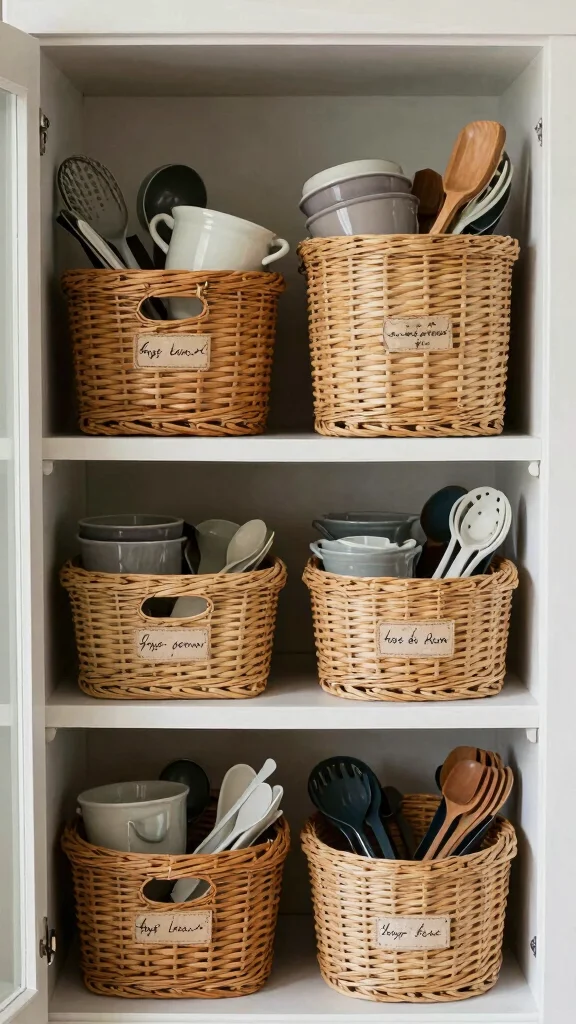 12 Pot Cabinet Organization Ideas for Deep Awkward and Corner Cabinets - 9. Use Baskets for Smaller Items 1