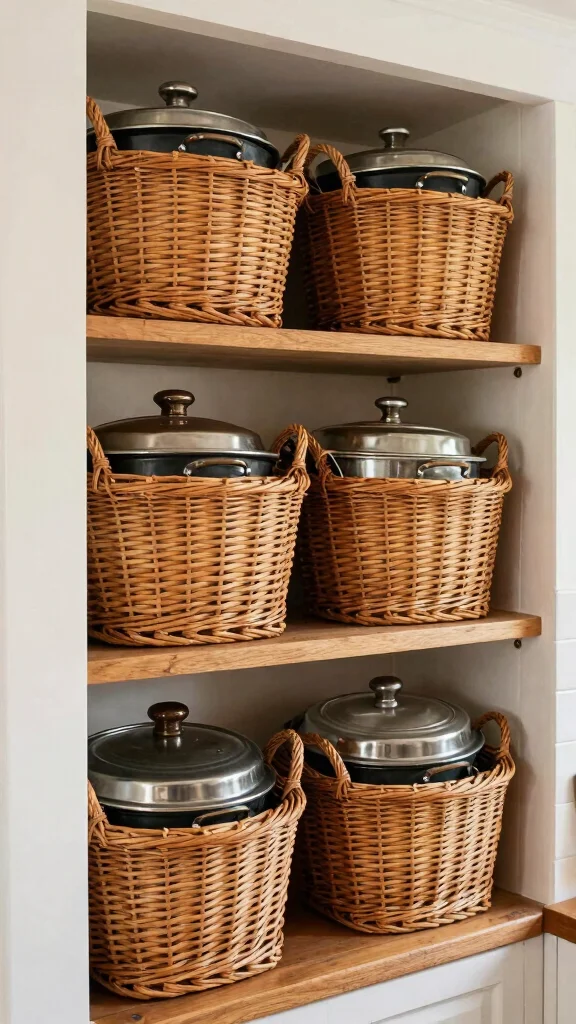 12 Pot Lid Organizer Ideas for Cabinets Drawers and Inside Doors - 11. Basket Organizers for a Rustic Charm 1
