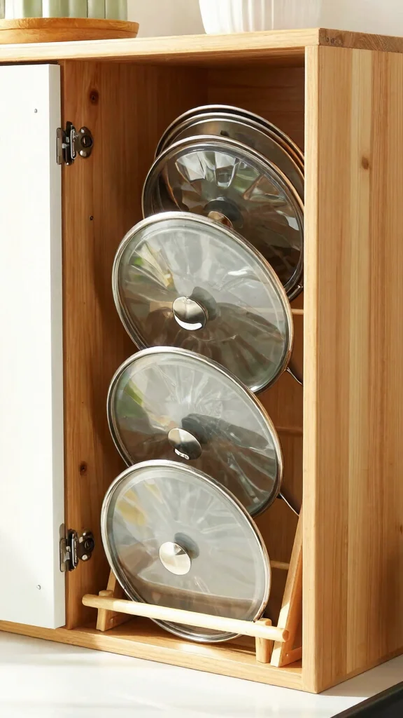 12 Pot Lid Organizer Ideas for Cabinets Drawers and Inside Doors - 2. Vertical Pot Lid Organizer for Cabinets 1