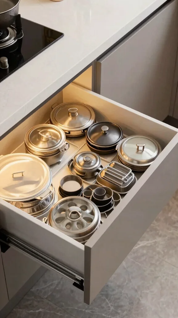 12 Pot Lid Organizer Ideas for Cabinets Drawers and Inside Doors - 5. Pull-Out Drawer Organizers 1
