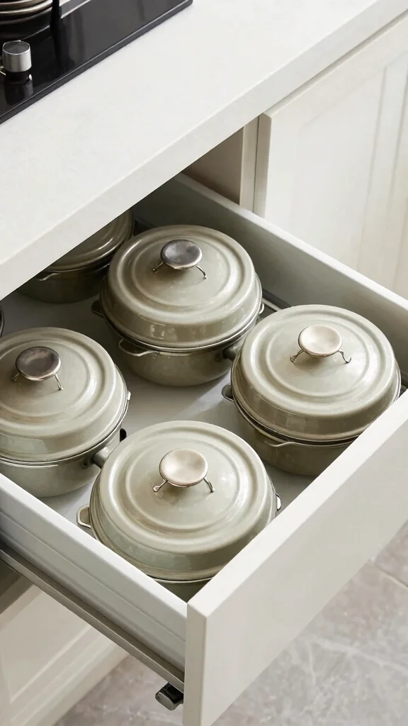 12 Pot Lid Organizer Ideas for Cabinets Drawers and Inside Doors - 8. Slide-Out Lid Bins for Drawers 1