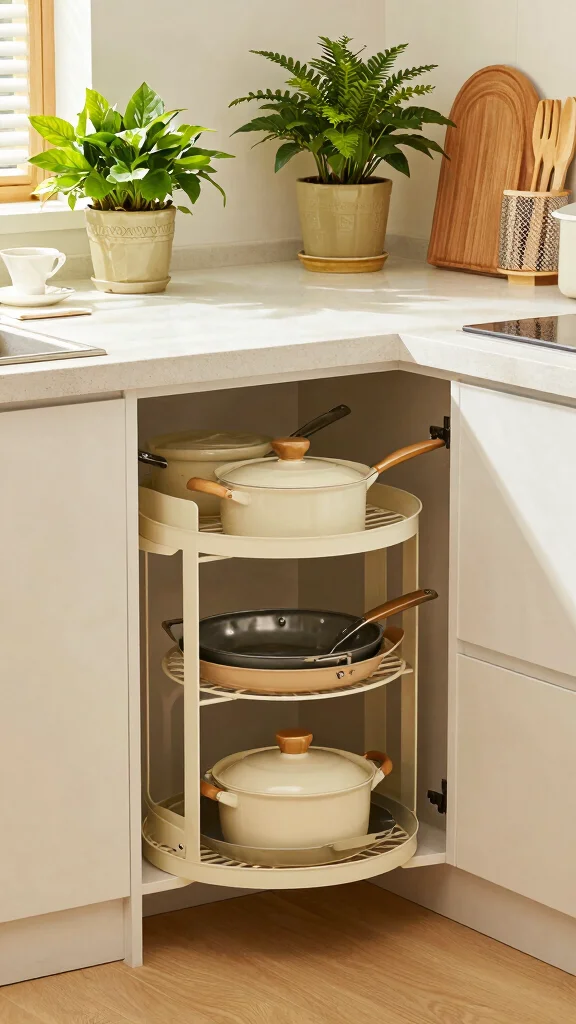 12 Pot Organizer Ideas for a Tidy Functional Kitchen Storage Setup - 8. Lazy Susan Pot Caddy 1