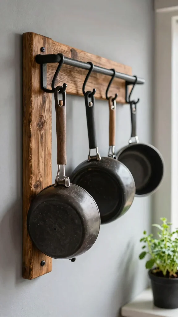 12 Pot Rack Ideas for Hanging Wall-Mounted and Freestanding Kitchen Storage - 1. Rustic Wood and Iron Wall-Mounted Rack 1