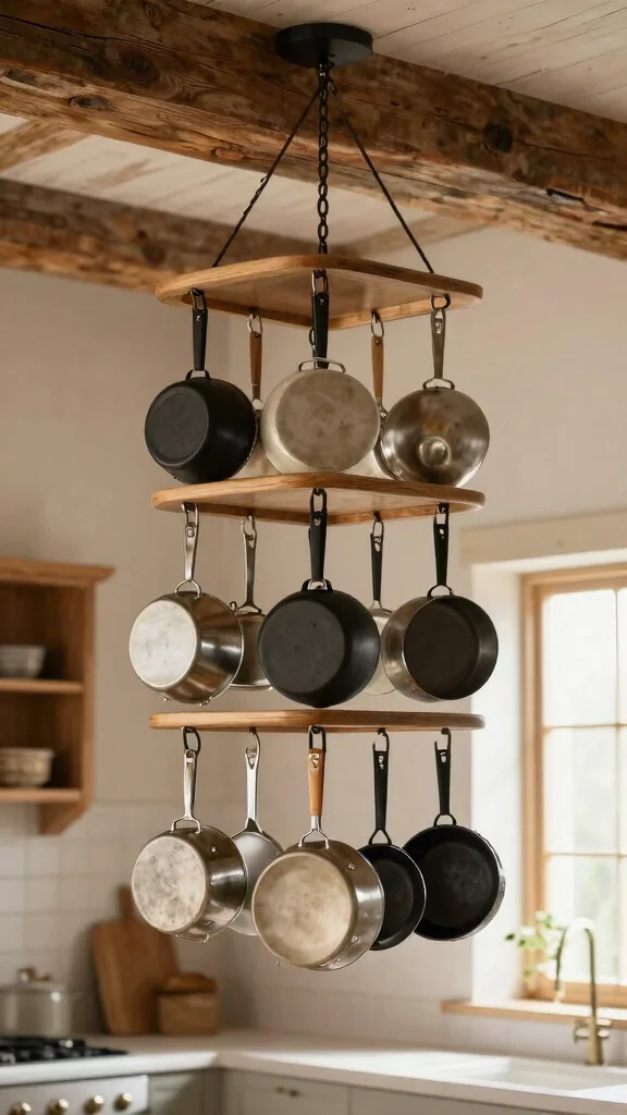 12 Pot Rack Ideas for Hanging Wall-Mounted and Freestanding Kitchen Storage - 10. Multi-Tier Hanging Rack 1