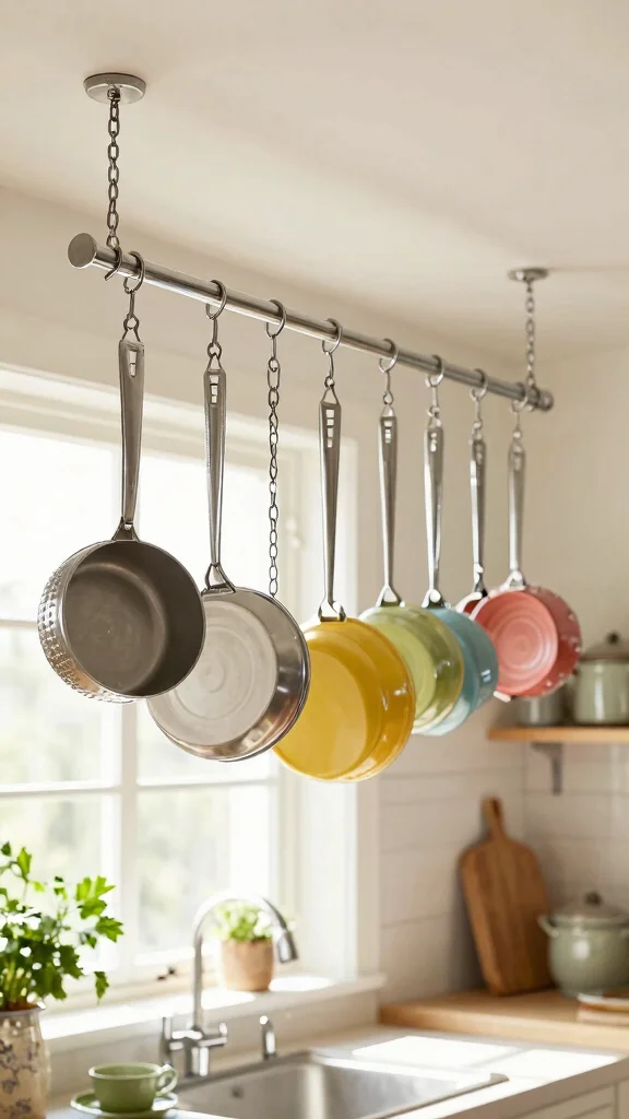 12 Pot Rack Ideas for Hanging Wall-Mounted and Freestanding Kitchen Storage - 11. Decorative Chain Rack 1
