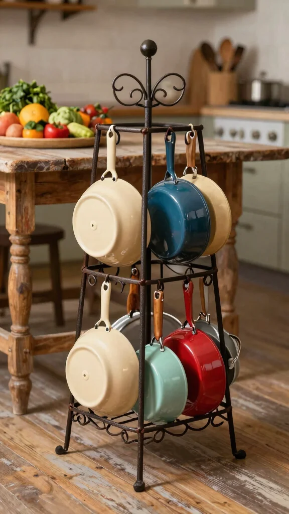 12 Pot Rack Ideas for Hanging Wall-Mounted and Freestanding Kitchen Storage - 2. Vintage-Style Freestanding Rack 1