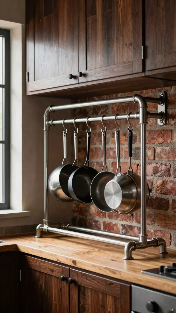 12 Pot Rack Ideas for Hanging Wall-Mounted and Freestanding Kitchen Storage - 4. Industrial Pipe Pot Rack 1