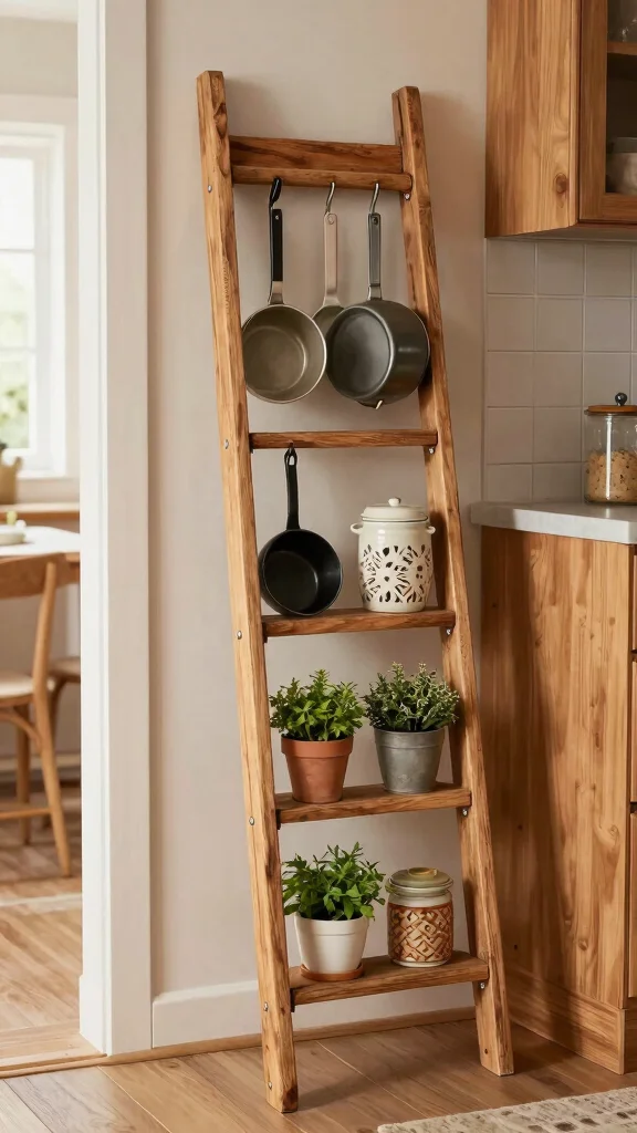 12 Pot Rack Ideas for Hanging Wall-Mounted and Freestanding Kitchen Storage - 5. Ladder-Style Pot Rack 1