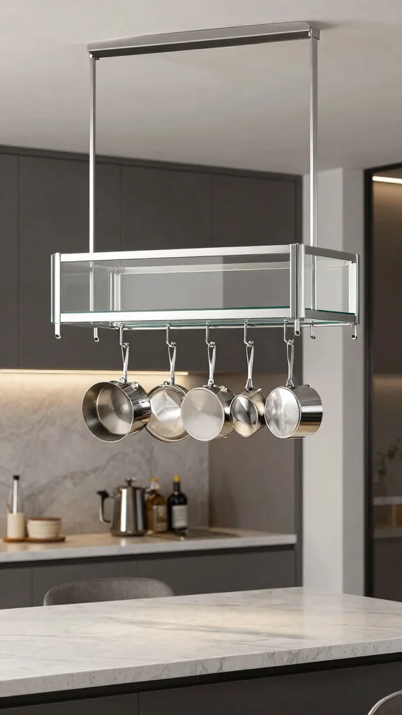 12 Pot Rack Ideas for Hanging Wall-Mounted and Freestanding Kitchen Storage - 9. Elegant Glass and Metal Rack 1