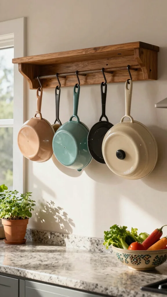 12 Pot With Lid Storage Ideas for an Organized Easy-Access Kitchen - 1. Pot Rack Above the Counter 1