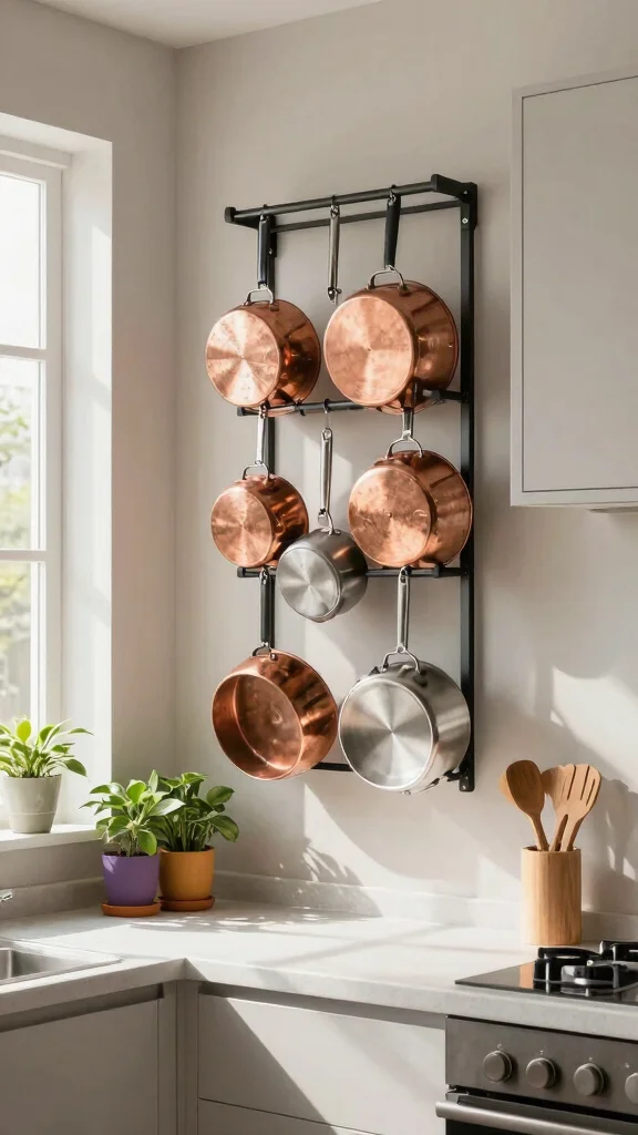 12 Pots and Pans Arrangement Ideas for a Stress-Free Cooking Space - 1. Vertical Pot Rack for Space Efficiency 1