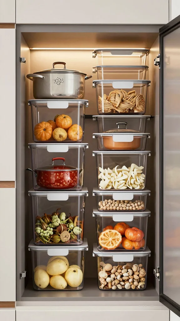 12 Pots and Pans Arrangement Ideas for a Stress-Free Cooking Space - 12. Utilize Clear Containers for Visibility 1