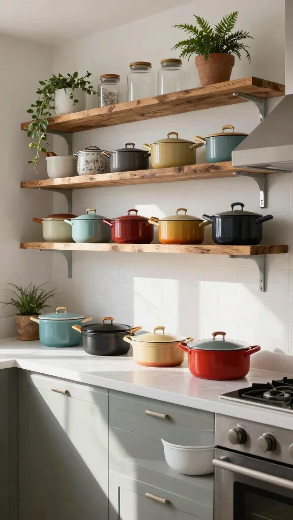 12 Pots and Pans Arrangement Ideas for a Stress-Free Cooking Space - 5. Open Shelving with Decorative Touches 1