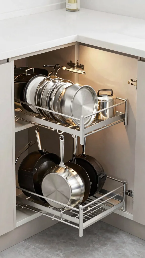 12 Pots and Pans Arrangement Ideas for a Stress-Free Cooking Space - 6. Pull-Out Pan Rack 1
