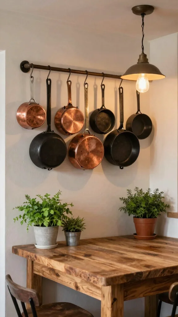 12 Pots and Pans Arrangement Ideas for a Stress-Free Cooking Space - 7. Hanging Pot Rack with Bistro Flair 1