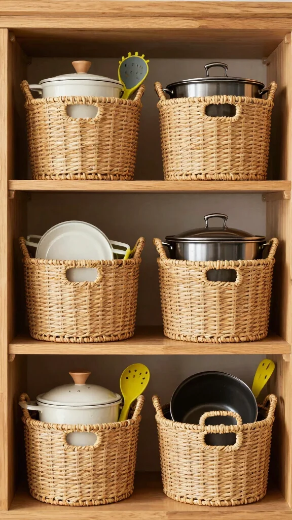 12 Pots and Pans Organization Ideas for a Tidy Accessible Kitchen - 8. Use Baskets for Quick Access 1