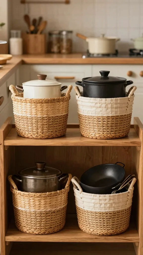 12 Pots and Pans Organizer Ideas for Drawers, Cabinets, and Racks - 12. Using Baskets for Pots and Pans 1