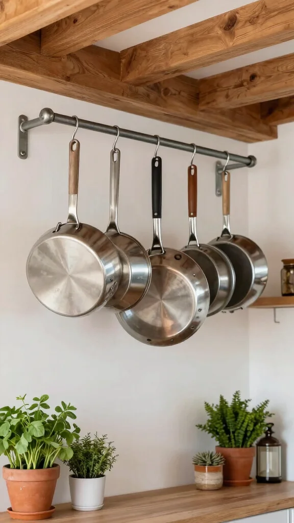 12 Pots and Pans Organizer Ideas for Drawers, Cabinets, and Racks - 6. Hanging Pot Racks 1