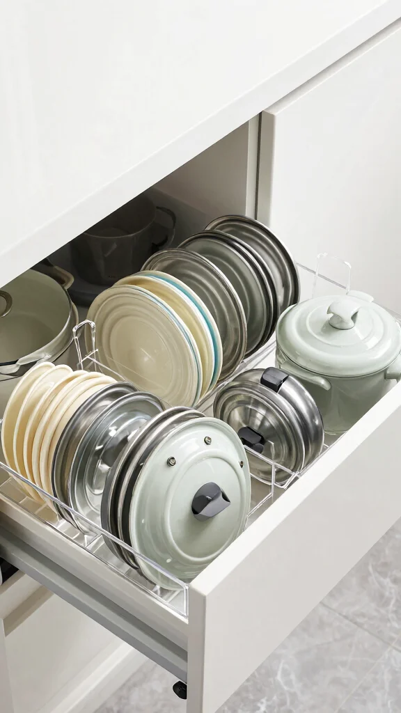 12 Pots and Pans Organizer Ideas for Drawers, Cabinets, and Racks - 8. Pot Lid Organizers 1