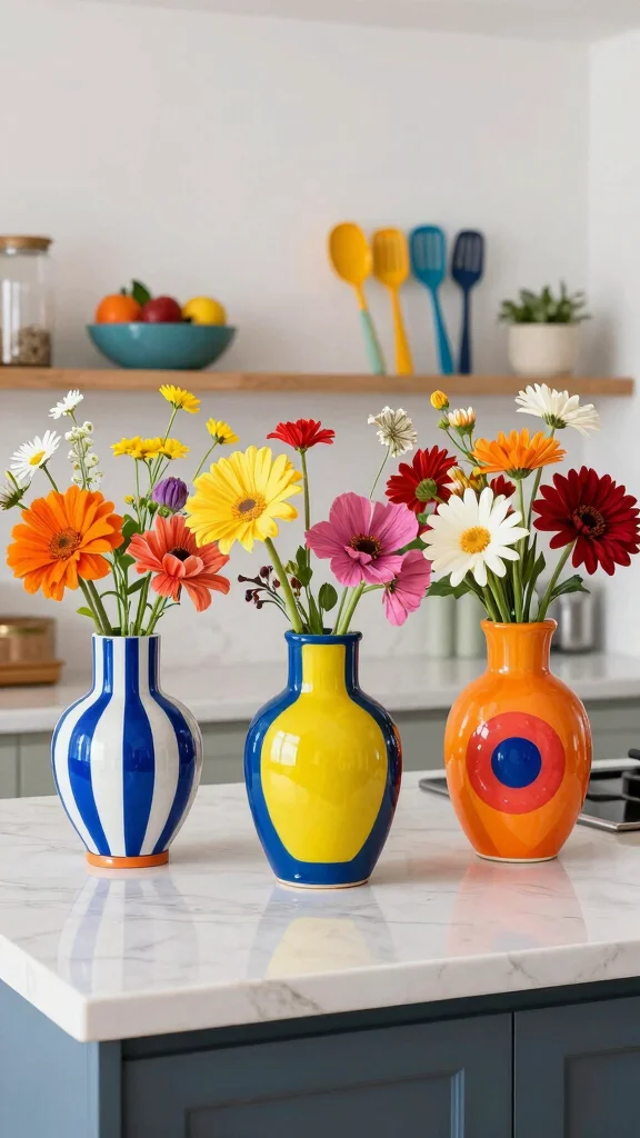 12 Set of 3 Vase Ideas for a Balanced Grouped Home Display - 9. Bold Pop Art Vases 1