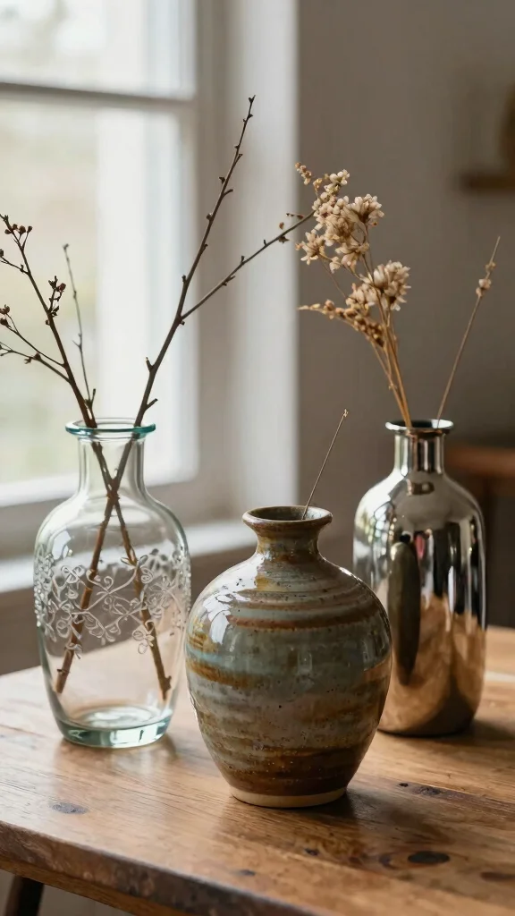 12 Vase Set Ideas for a Coordinated Layered Home Display - 1. Mixed Material Magic 1