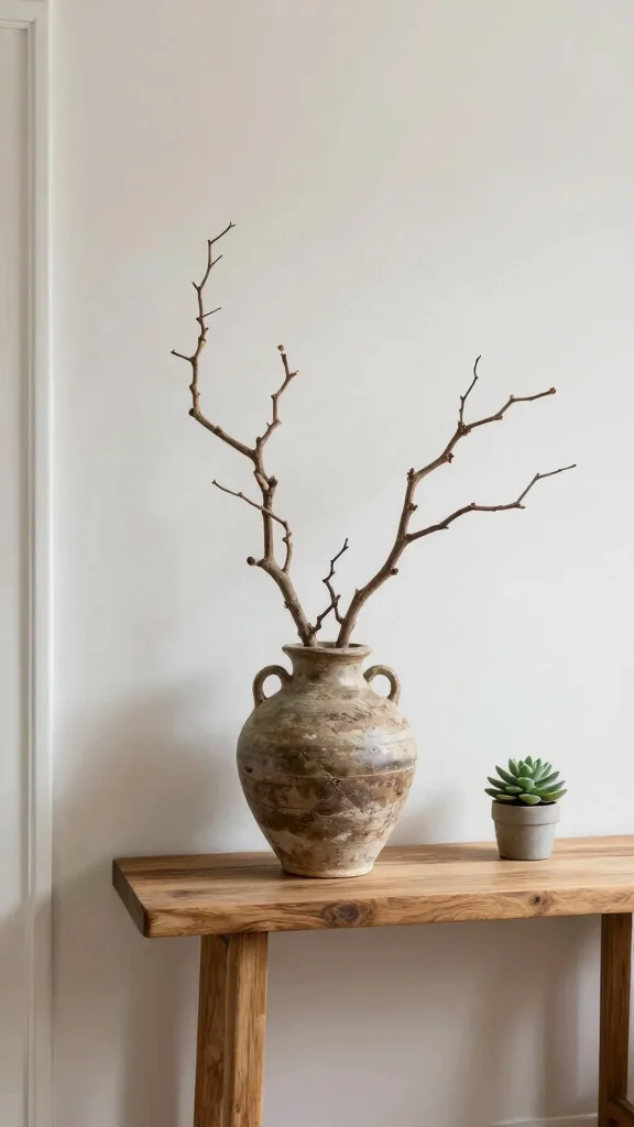 12 Vase With Branch Ideas for a Minimal Architectural Home Display - 2. Rustic Stoneware Vases with Twisted Branches 1