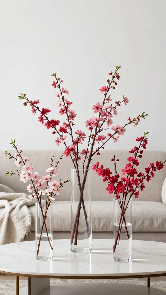 12 Vase With Branch Ideas for a Minimal Architectural Home Display - 5. Clear Acrylic Vases with Colorful Branches 1