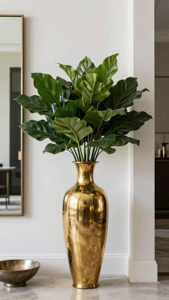 12 Vase With Branch Ideas for a Minimal Architectural Home Display - 9. Statement Brass Vases with Bold Foliage 1