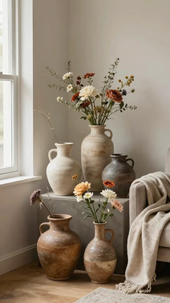 12 Vintage Vase Ideas for a Nostalgic Collected Home Display - 7. Artistic Stoneware Vases 1
