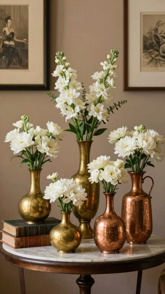 12 Vintage Vase Ideas for a Nostalgic Collected Home Display - 9. Timeless Brass and Copper Vases 1