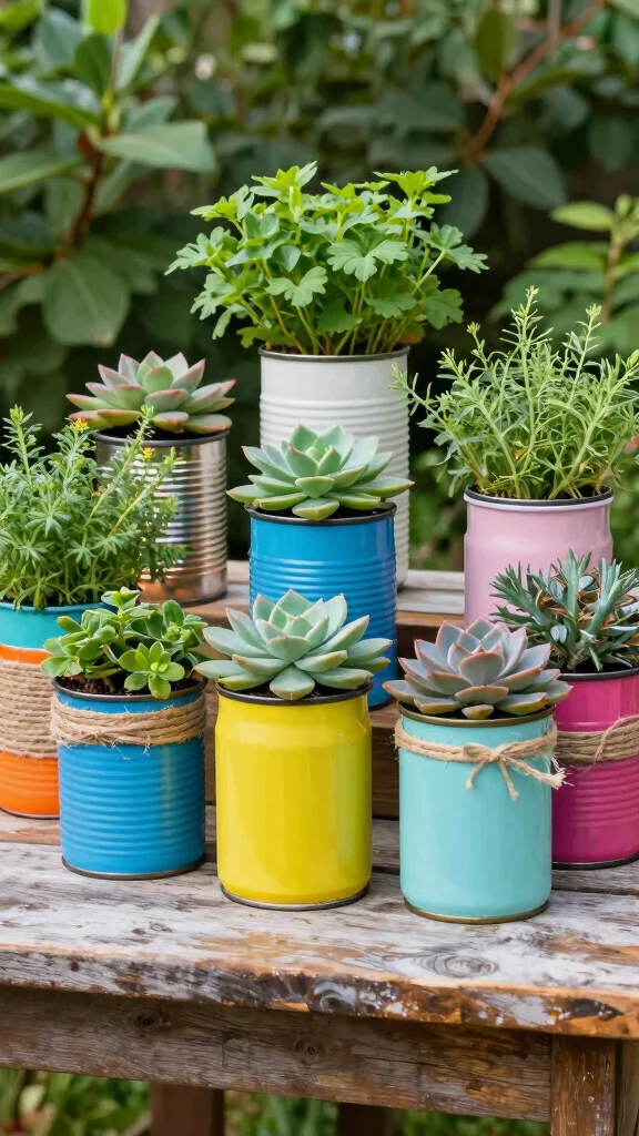 13 Outdoor Pot Ideas for Patios, Porches, Balconies, and Gardens - 3. Upcycled Cans and Jars 1