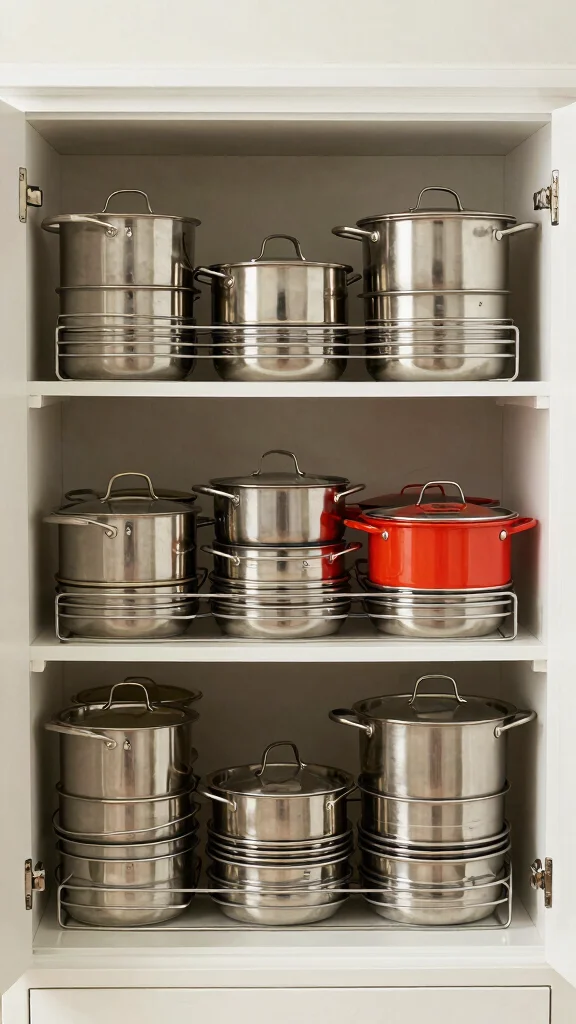 13 Pot Organization Ideas for Cabinets, Drawers, and Open Shelves - 1. Stackable Pot Organizers 1